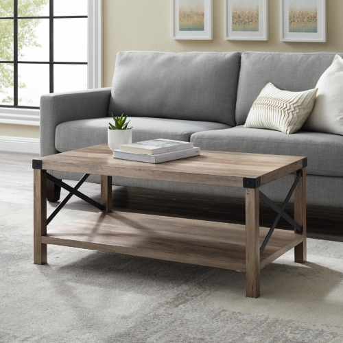 Rustic Wood Coffee Table in Grey Wash Finish & Black Metal